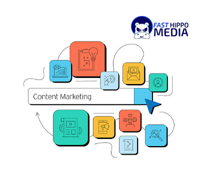 Illustration of a Content Marketing search bar surrounded by icons for blogs, video, email, social, and analytics
