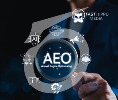 Magnifying glass over answer engine optimization icons