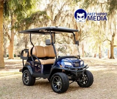 Blue golf cart parked under oak trees